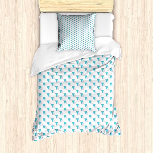 Abakuhaus Set Copripiumino Geometrico Per Letti Singoli, Disegno A Triangoli Diagonali, Antiacaro E Anallergico Con Federa, 135 Cm X 200 Cm - 80 X 80 Cm, Blu Mare E Tortora Chiaro-image