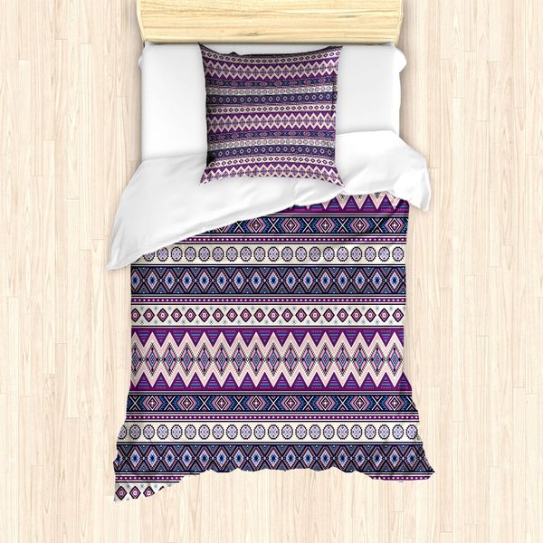 Abakuhaus Set Copripiumino Azteco Per Letti Singoli, Triangoli Tribali Viola Sintetici, Antiacaro, Adatto A Chi Soffre Di Allergie, Con Federa, 135 Cm X 200 Cm - 80 X 80 Cm, Multicolore-image