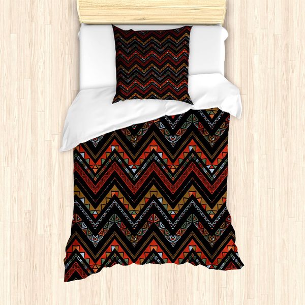 Abakuhaus Set Copripiumino Azteco Per Letti Singoli, Motivo Etnico A Zigzag Chevron, Antiacaro E Anallergico, Con Federa, 135 Cm X 200 Cm - 80 X 80 Cm, Grigio Antracite Vermiglio-image