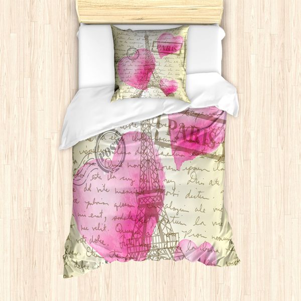 Abakuhaus Set Copripiumino Per Letto Singolo Torre Eiffel, Cuori E Scrittura A Mano, Antiacaro, Adatto A Chi Soffre Di Allergie, Con Federa, 135 Cm X 200 Cm - 80 X 80 Cm, Marrone Scuro, Grigio, Giallo-image