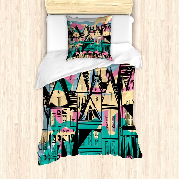 Abakuhaus Amsterdam Set Copripiumino Per Letti Singoli, Case Disegnate A Mano, Antiacaro, Adatto A Chi Soffre Di Allergie, Con Federa, 135 Cm X 200 Cm - 80 X 80 Cm, Multicolore-image