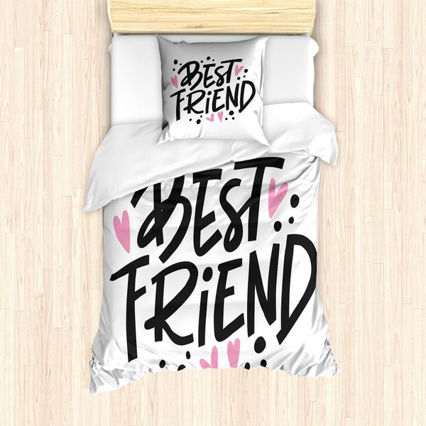 Abakuhaus Set Copripiumino Best Friend Per Letti Singoli, Scritta Girly, Antiacaro, Adatto A Chi Soffre Di Allergie, Con Federa, 135 Cm X 200 Cm - 80 X 80 Cm, Rosa Pallido E Grigio Carbone-image