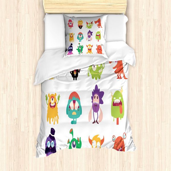 Abakuhaus Set Copripiumino Alieno Per Letti Singoli, Divertente Cartone Animato Con Mostri, Antiacaro, Adatto A Chi Soffre Di Allergie, Con Federa, 135 Cm X 200 Cm - 80 X 80 Cm, Multicolore-image