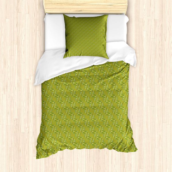Abakuhaus Set Copripiumino Per Letto Singolo, Foglie Vegetali In Germoglio, Antiacaro, Adatto A Chi Soffre Di Allergie, Con Federa, 135 Cm X 200 Cm - 80 X 80 Cm, Verde Oliva Verde Pastello-image