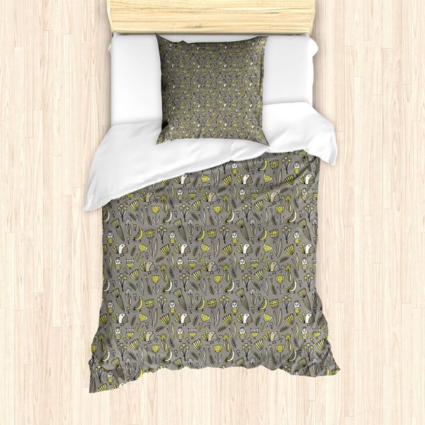 Abakuhaus Set Copripiumino Giallo Per Letti Singoli, Motivo Tulipani, Antiacaro, Adatto A Chi Soffre Di Allergie, Con Federa, 135 Cm X 200 Cm - 80 X 80 Cm, Marrone Ardesia E Giallo-image