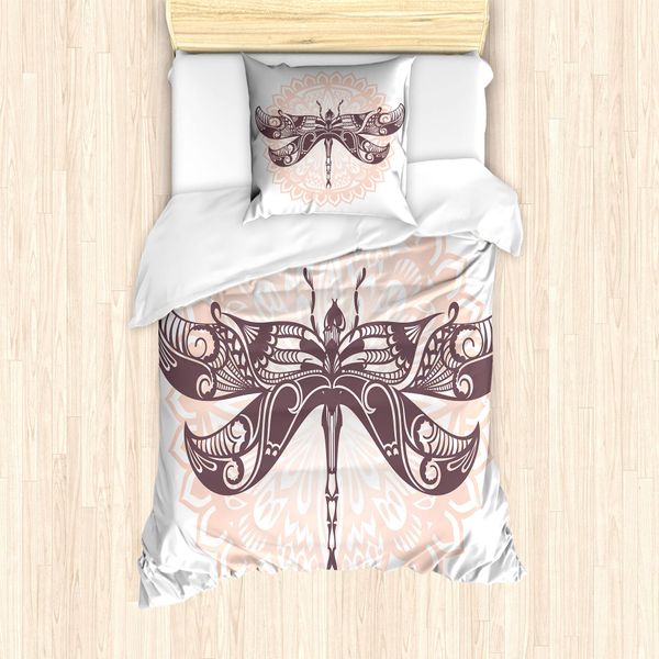 Abakuhaus Set Copripiumino Etnico Per Letti Singoli, Libelle Mandala, Antiacaro, Adatto A Chi Soffre Di Allergie, Con Federa, 135 Cm X 200 Cm - 80 X 80 Cm, Melanzana Rosa Pallido-image