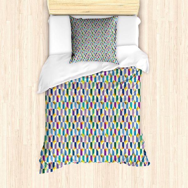 Set Copripiumino Abakuhaus Per Letti Singoli, Triangoli E Rettangoli Retrò, Antiacaro E Anallergico, Con Federa, 135 Cm X 200 Cm - 80 X 80 Cm, Color Guscio D'uovo E Multicolore-image