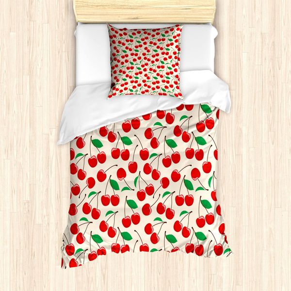 Abakuhaus Set Copripiumino Ciliegia Per Letti Singoli, Motivo Frutta Estiva Salutare, Antiacaro, Adatto A Chi Soffre Di Allergie, Con Federa, 135 Cm X 200 Cm - 80 X 80 Cm, Champagne Vermilion-image
