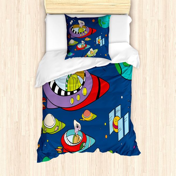 Abakuhaus Set Copripiumino Extraterrestre Per Letti Singoli, Fantasioso Disegno Spaziale, Antiacaro, Adatto A Chi Soffre Di Allergie, Con Federa, 135 Cm X 200 Cm - 80 X 80 Cm, Blu Notte Multicolore-image