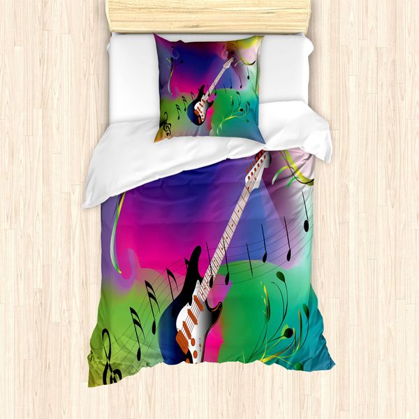 Abakuhaus Set Copripiumino Per Letto Singolo Con Motivo Musicale, Chitarra Su Sfondo Colorato, Antiacaro E Anallergico, Con Federa, 135 Cm X 200 Cm - 80 X 80 Cm, Multicolore-image