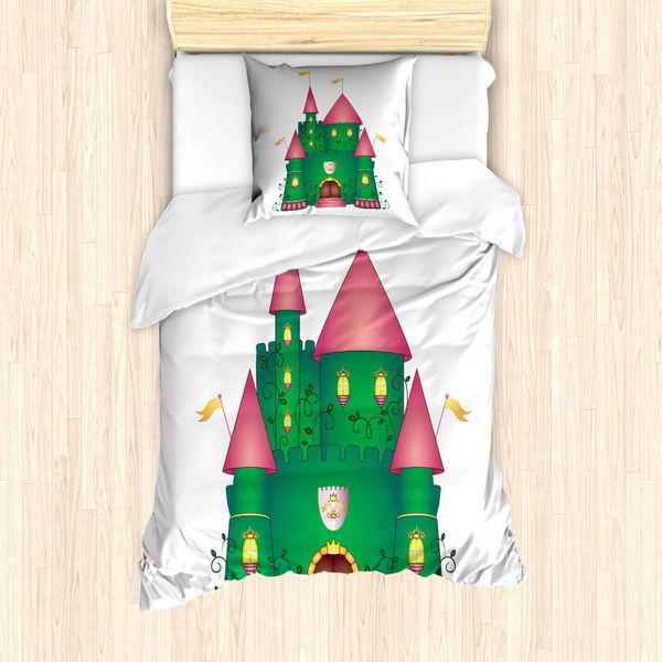Abakuhaus Set Copripiumino Per Letto Singolo, Fortress Cartoon Colorato, Antiacaro E Anallergico Con Federa, 135 Cm X 200 Cm - 80 X 80 Cm, Bianco, Verde, Rosa-image