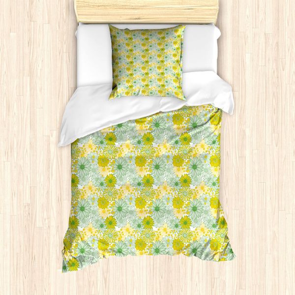 Abakuhaus Set Copripiumino Per Letto Singolo, Motivo Floreale Botanico, Antiacaro E Anallergico, Con Federa, 135 Cm X 200 Cm - 80 X 80 Cm, Fern Green Earth Giallo-image