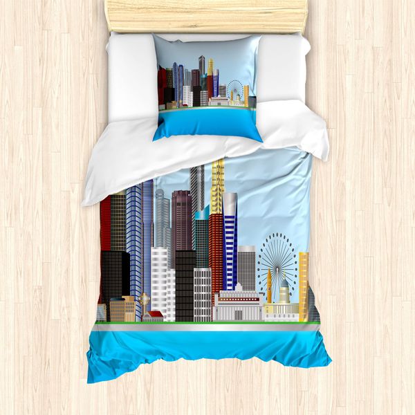 Abakuhaus Singapore Set Copripiumino Per Letti Singoli, Edifici Urbani E Fiume, Antiacaro, Adatto A Chi Soffre Di Allergie, Con Federa, 135 Cm X 200 Cm - 80 X 80 Cm, Multicolore-image