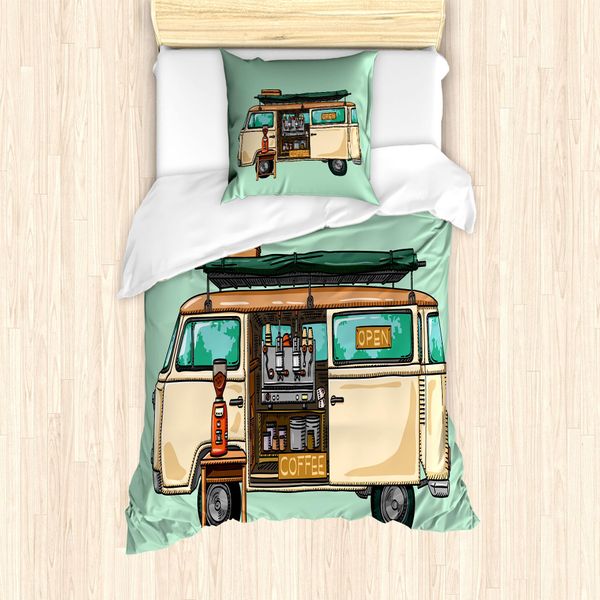 Abakuhaus Set Copripiumino Vintage Trucks Per Letti Singoli, Street Coffee Van, Antiacaro, Adatto A Chi Soffre Di Allergie, Con Federa, 135 Cm X 200 Cm - 80 X 80 Cm, Verde Menta Multicolore-image