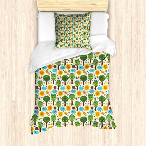 Abakuhaus Set Copripiumino Con Caricatura Per Letti Singoli, Smile Nature Elements, Antiacaro, Adatto A Chi Soffre Di Allergie, Con Federa, 135 Cm X 200 Cm - 80 X 80 Cm, Multicolore-image