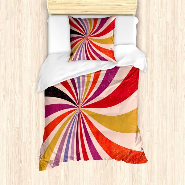 Set Copripiumino Retrò Abakuhaus, Illustrazione Con Effetto Sunburst In Stile Grunge O Vortice Astratto A Strisce Galattiche, 135 X 200 Cm + 80 X 80 Cm, Multicolore-image