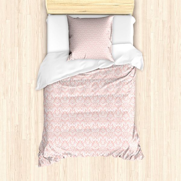 Set Copripiumino In Damasco Abakuhaus Per Letti Singoli, Motivo Botanico Intricato E Dettagliato, Antiacaro E Anallergico, Con Federa, 135 Cm X 200 Cm - 80 X 80 Cm, Rosa Cipria E Bianco-image