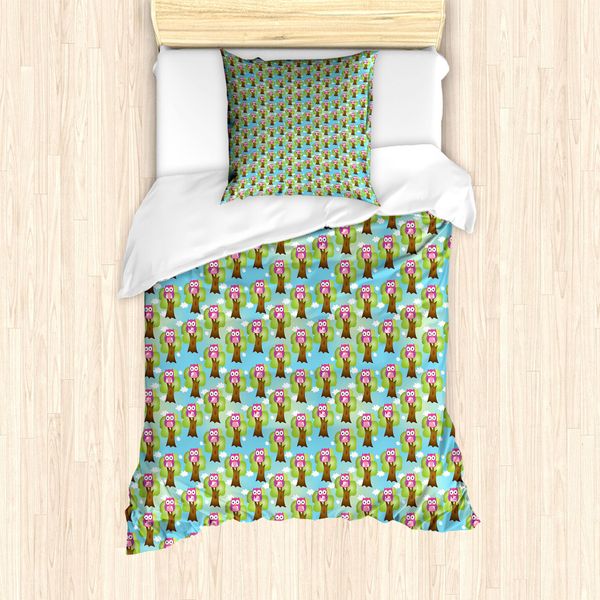 Abakuhaus Set Copripiumino Con Stampa Gufo Per Letti Singoli, Moderna Caricatura Di Uccelli, Antiacaro, Adatto A Chi Soffre Di Allergie, Con Federa, 135 Cm X 200 Cm - 80 X 80 Cm, Multicolore-image