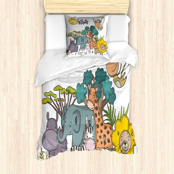 Abakuhaus Set Copripiumino Per Letti Singoli, Cartoon Jungle Friends Fauna, Antiacaro, Adatto A Chi Soffre Di Allergie, Con Federa, 135 Cm X 200 Cm - 80 X 80 Cm, Multicolore-image