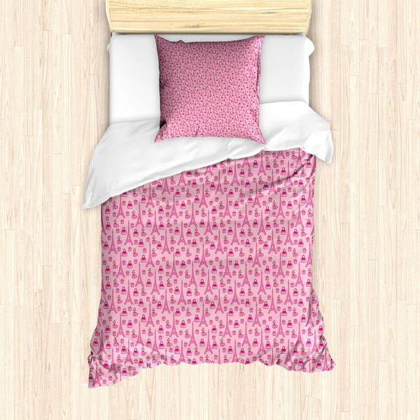 Abakuhaus Set Copripiumino Per Letto Singolo Torre Eiffel, Borsa Da Viaggio Torta-Caffè, Antiacaro E Anallergico Con Federa, 135 Cm X 200 Cm - 80 X 80 Cm, Rosa Rosa-image