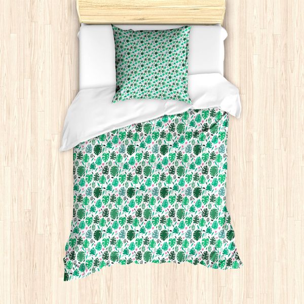 Abakuhaus Set Copripiumino Philodendron Per Letti Singoli, Foglie E Cuori Artistici, Antiacaro, Adatto A Chi Soffre Di Allergie, Con Federa, 135 Cm X 200 Cm - 80 X 80 Cm, Verde Giada Multicolore-image