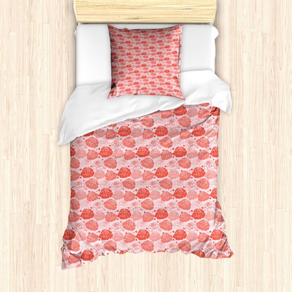Abakuhaus Set Copripiumino Romantico Per Letti Singoli, Rose E Cuoricini, Antiacaro, Adatto A Chi Soffre Di Allergie, Con Federa, 135 Cm X 200 Cm - 80 X 80 Cm, Rosa Corallo-image