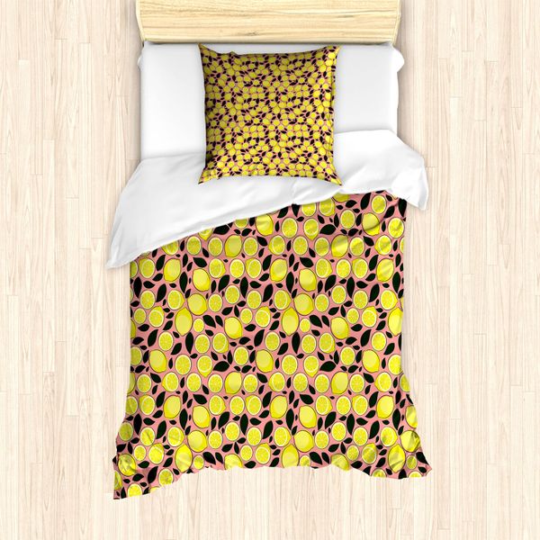 Abakuhaus Set Copripiumino Per Letto Singolo, Tasty Sour Citrus E Foglie, Antiacaro, Adatto A Chi Soffre Di Allergie, Con Federa, 135 Cm X 200 Cm - 80 X 80 Cm, Giallo Corallo Pastello-image