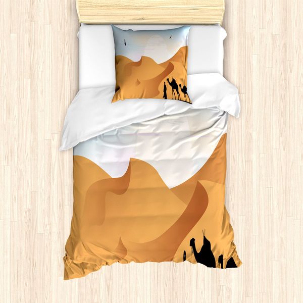 Abakuhaus Set Copripiumino Per Letti Singoli, Cammelli E Silhouette Maschile, Antiacaro, Adatto A Chi Soffre Di Allergie, Con Federa, 135 Cm X 200 Cm - 80 X 80 Cm, Arancione Persiano E Azzurro-image