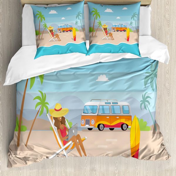 Abakuhaus Set Copripiumino Con Motivo Grafico Per Letti Singoli, Donna Che Lavora Sulla Costa, Antiacaro, Adatto A Chi Soffre Di Allergie, Con Federa, 200 Cm X 200 Cm - 80 X 80 Cm, Multicolore-image