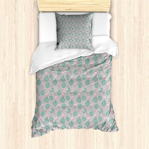 Abakuhaus Set Copripiumino Per Letto Singolo Philodendron, Fenicotteri E Foglie, Antiacaro, Adatto A Chi Soffre Di Allergie, Con Federa, 135 Cm X 200 Cm - 80 X 80 Cm, Grigio Multicolore-image