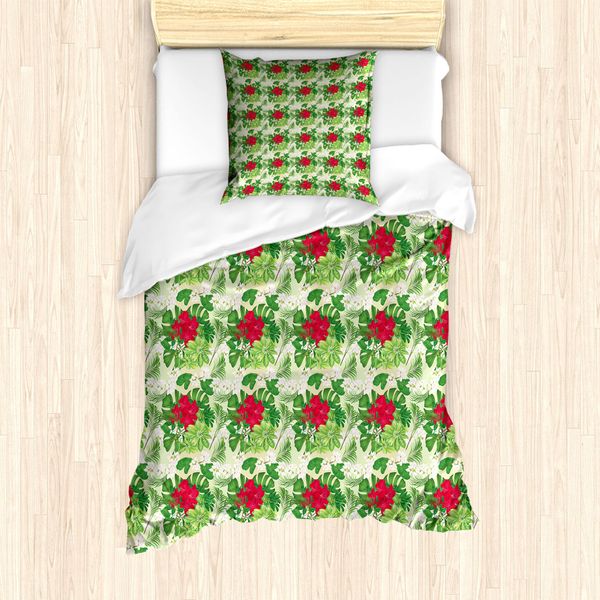 Abakuhaus Set Copripiumino Per Letto Singolo Philodendron, Rhythmische Vivid Bouquet, Antiacaro E Anallergico, Con Federa, 135 Cm X 200 Cm - 80 X 80 Cm, Verde Chiaro Rosa Scuro-image