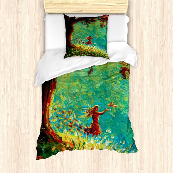Abakuhaus Set Copripiumino Per Letto Singolo, Dipinto Con Scena Boschiva, Antiacaro, Adatto A Chi Soffre Di Allergie, Con Federa, 135 Cm X 200 Cm - 80 X 80 Cm, Multicolore-image