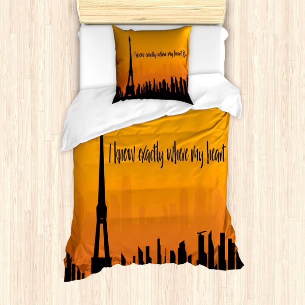 Abakuhaus Set Copripiumino Per Letto Singolo Torre Eiffel, Scritta Skyline Della Città, Antiacaro, Adatto A Chi Soffre Di Allergie, Con Federa, 135 Cm X 200 Cm - 80 X 80 Cm, Grigio Antracite Arancione-image