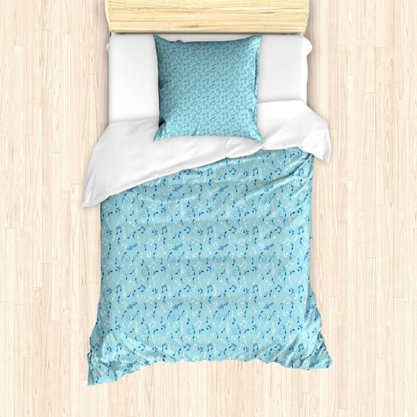 Abakuhaus Set Copripiumino Per Letti Singoli, Motivo Vintage A Scarabocchi, Antiacaro E Anallergico, Con Federa, 135 Cm X 200 Cm - 80 X 80 Cm, Blu Pallido E Blu Cobalto-image