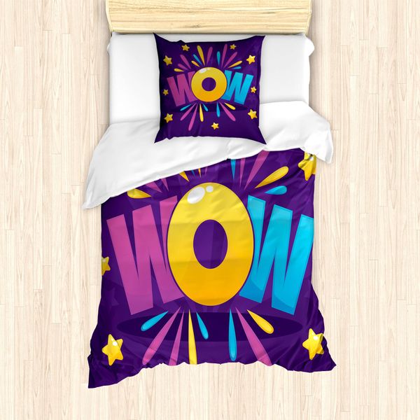 Abakuhaus Set Copripiumino Per Letti Singoli, Scritta Divertente "Wow"", Stelle, Antiacaro, Adatto A Chi Soffre Di Allergie, Con Federa, 135 Cm X 200 Cm - 80 X 80 Cm, Multicolore Quarzo"-image