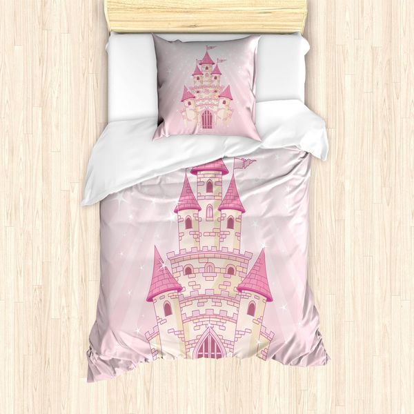 Abakuhaus Set Copripiumino, Wonder Tale Princess Fortress Palace Cartoon Childish Fun Illustration, 135 X 200 Cm + 80 X 80 Cm, Rosa E Senape Chiaro-image