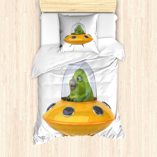 Abakuhaus Set Copripiumino Extraterrestre Per Letti Singoli, Divertente Astronave Ufo Monster, Antiacaro, Adatto A Chi Soffre Di Allergie, Con Federa, 135 Cm X 200 Cm - 80 X 80 Cm, Arancione Pallido Verde Oliva-image