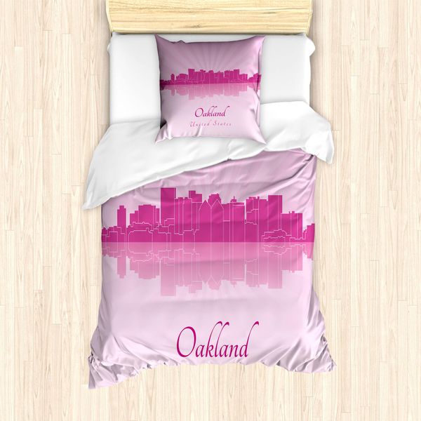 Abakuhaus Oakland Set Copripiumino Per Letti Singoli, Calligraphic City Skyline, Antiacaro, Adatto A Chi Soffre Di Allergie, Con Federa, 135 Cm X 200 Cm - 80 X 80 Cm, Fucsia Malva-image