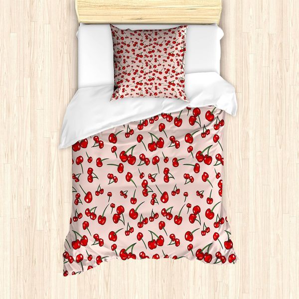 Abakuhaus Set Copripiumino Ciliegia, Motivo Estivo Con Frutta Ripetuta In Sequenza Irregolare, Disposizione Sparsa, 135 X 200 Cm + 80 X 80 Cm, Salmone Vermiglio-image