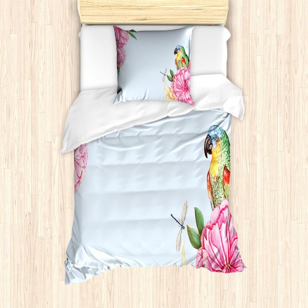 Abakuhaus Set Copripiumino Per Letto Singolo Con Motivo Floreale E Insetti, Pappagalli Acquerellati, Antiacaro E Anallergico, Con Federa, 135 Cm X 200 Cm - 80 X 80 Cm, Azzurro E Multicolore-image