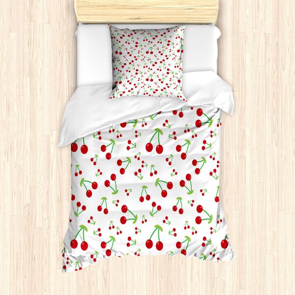 Abakuhaus Set Copripiumino Ciliegia Per Letti Singoli, Semplice Motivo Estivo Con Frutta, Antiacaro, Adatto A Chi Soffre Di Allergie, Con Federa, 135 Cm X 200 Cm - 80 X 80 Cm, Verde Vermiglio-image