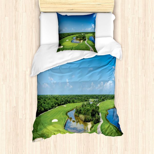Abakuhaus Set Copripiumino Per Letto Singolo Con Motivo Golf, Campo Panoramico, Antiacaro, Adatto A Chi Soffre Di Allergie, Con Federa, 135 Cm X 200 Cm - 80 X 80 Cm, Multicolore-image