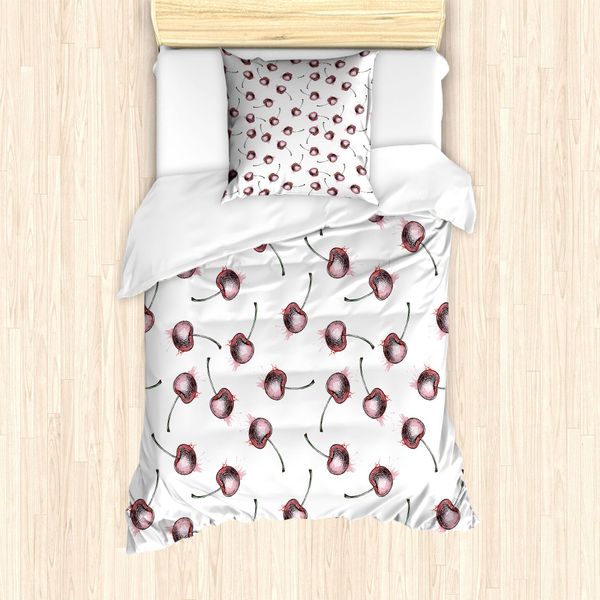 Abakuhaus Set Copripiumino Ciliegia Per Letti Singoli, Disegno Grunge Frutta, Antiacaro, Adatto A Chi Soffre Di Allergie, Con Federa, 135 Cm X 200 Cm - 80 X 80 Cm, Bianco Rosa Chiaro-image