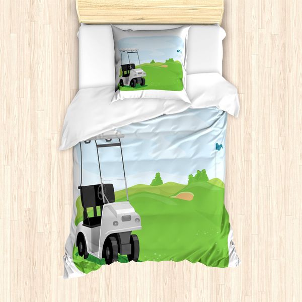 Abakuhaus Set Copripiumino Per Letto Singolo Con Motivo Golf, Car And Field, Antiacaro, Adatto A Chi Soffre Di Allergie, Con Federa, 135 Cm X 200 Cm - 80 X 80 Cm, Verde Lime Blu-image
