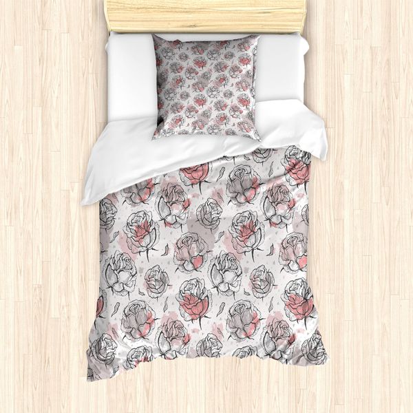 Abakuhaus Set Copripiumino Per Letto Singolo, Colore Pastello Con Motivi Floreali, Antiacaro E Anallergico, Con Federa, 135 Cm X 200 Cm - 80 X 80 Cm, Rosa Pallido, Corallo, Grigio-image