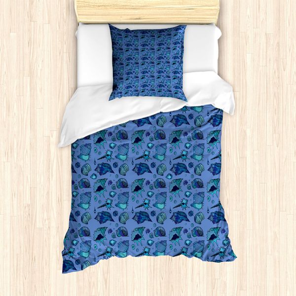 Abakuhaus Set Copripiumino Nautico Per Letti Singoli, Motivo Con Conchiglie Assortite, Antiacaro, Adatto A Chi Soffre Di Allergie, Con Federa, 135 Cm X 200 Cm - 80 X 80 Cm, Acquamarina Scuro Lavanda-image