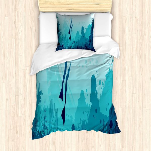 Abakuhaus Set Copripiumino Per Letti Singoli, Freitaucher Und Korallenriff, Antiacaro, Adatto A Chi Soffre Di Allergie, Con Federa, 135 Cm X 200 Cm - 80 X 80 Cm, Verde Acqua Scuro, Verde Acqua Scuro-image