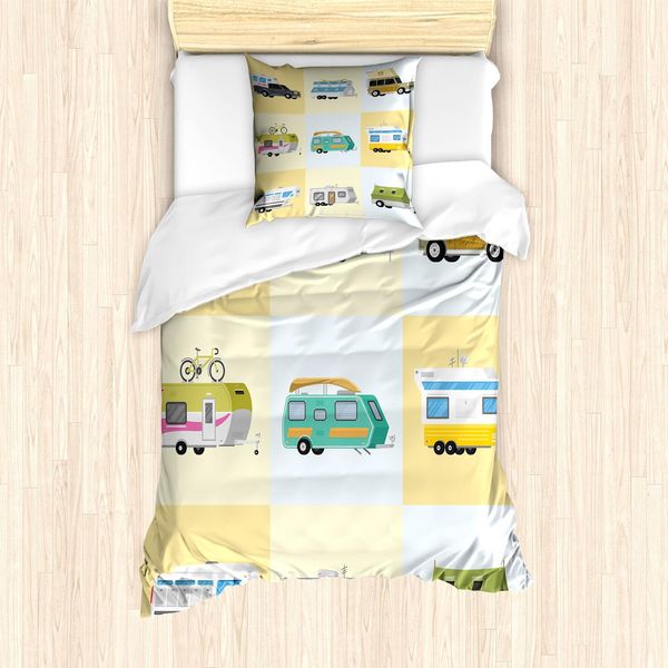 Set Copripiumino Abakuhaus Vintage Trucks, Illustrazione A Tema Happy Camper Con Diversi Furgoni Su Quadrati Pastello, 135 X 200 Cm + 80 X 80 Cm, Multicolore-image