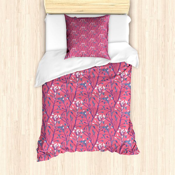 Set Copripiumino Abakuhaus Botanik Per Letti Singoli, Motivo Foglie E Fiori, Antiacaro, Adatto A Chi Soffre Di Allergie, Con Federa, 135 Cm X 200 Cm - 80 X 80 Cm, Blu Mare Fucsia-image