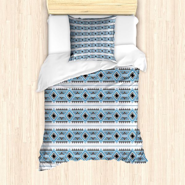 Abakuhaus Set Copripiumino Tribale Per Letti Singoli, Motivo Geometrico, Antiacaro, Adatto A Chi Soffre Di Allergie, Con Federa, 135 Cm X 200 Cm - 80 X 80 Cm, Blu Mare Grigio Carbone-image